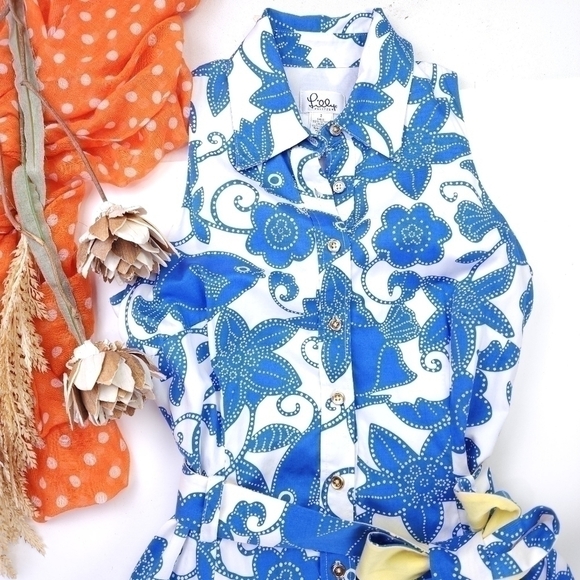 Lilly Pulitzer White Label Blue White Floral  Yellow Belted Pocketed Dre… - Picture 6 of 16